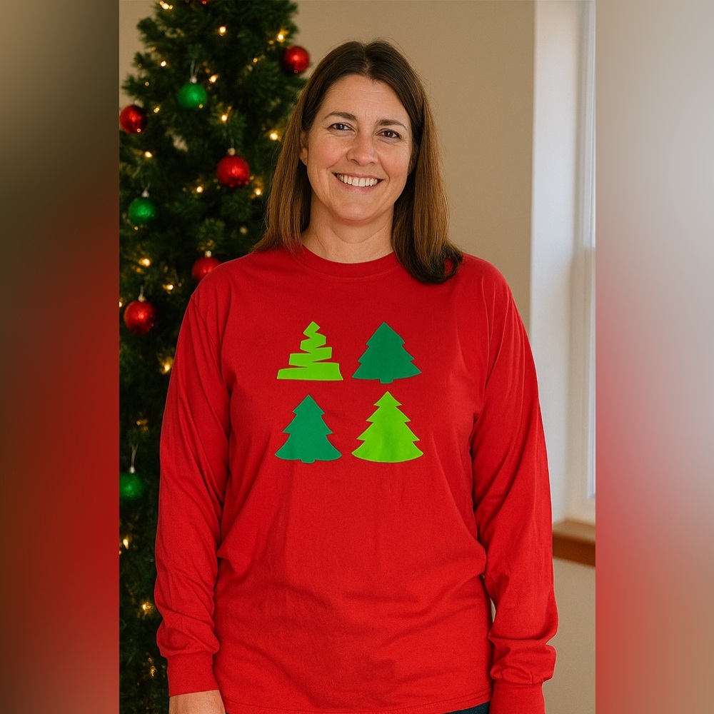 Green Christmas Trees Graphic Holiday Long Sleeve Red Shirt Size Large